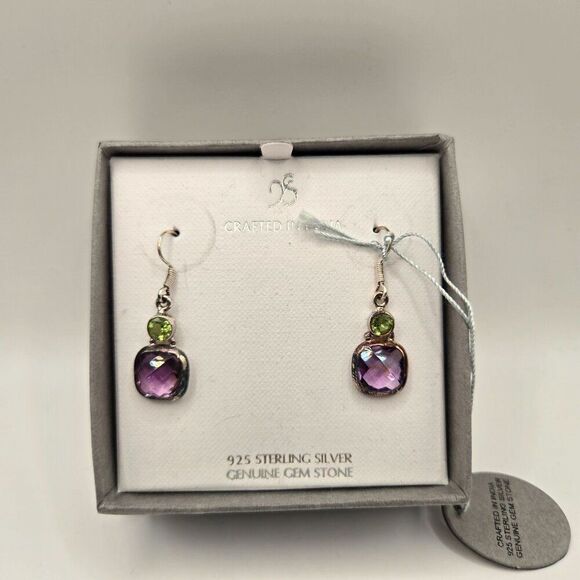 New 925 Sterling Silver Peridot Amethyst Earrings Dangle - Picture 3 of 5